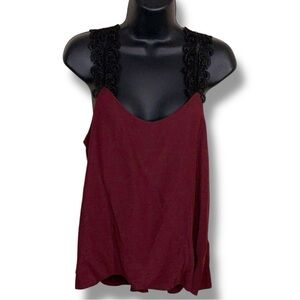 Small Flawless Burgundy Red Tank Top With Black Lace Scoop Vneck Sleeveless